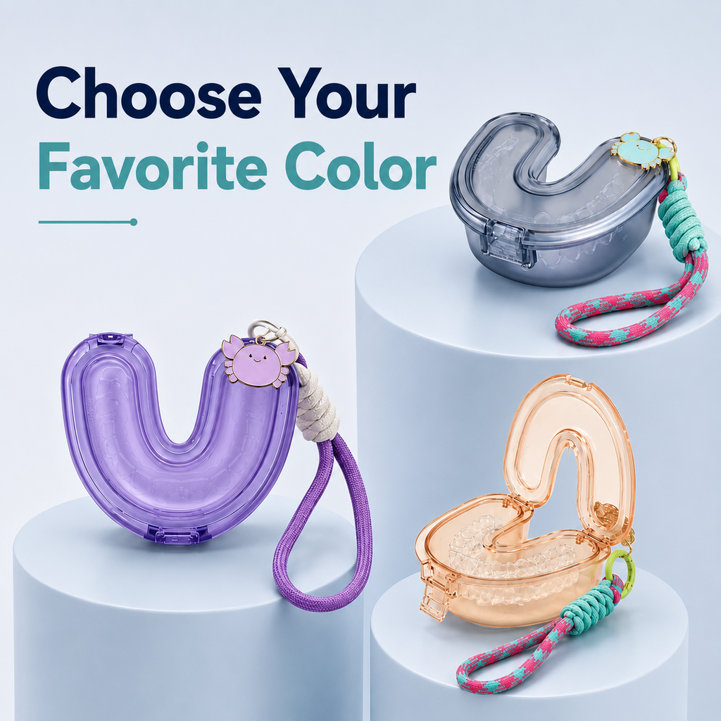 Smoke blue, purple and peach retainer case color options
