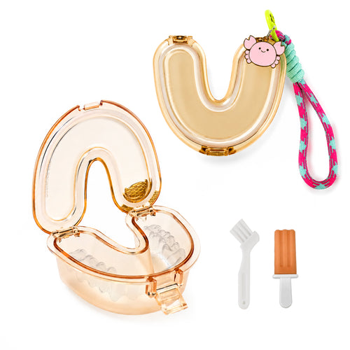 Peach AISU LAB retainer case with wrist strap, brush and chewie
