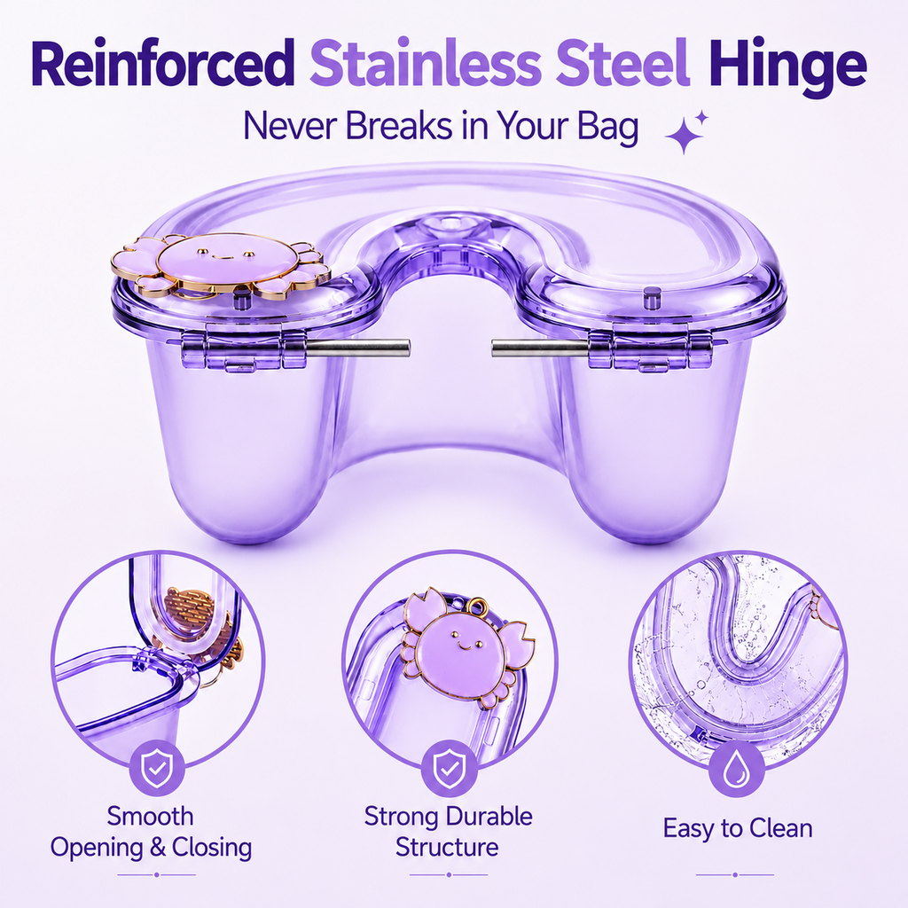 Reinforced stainless steel hinge on purple retainer case