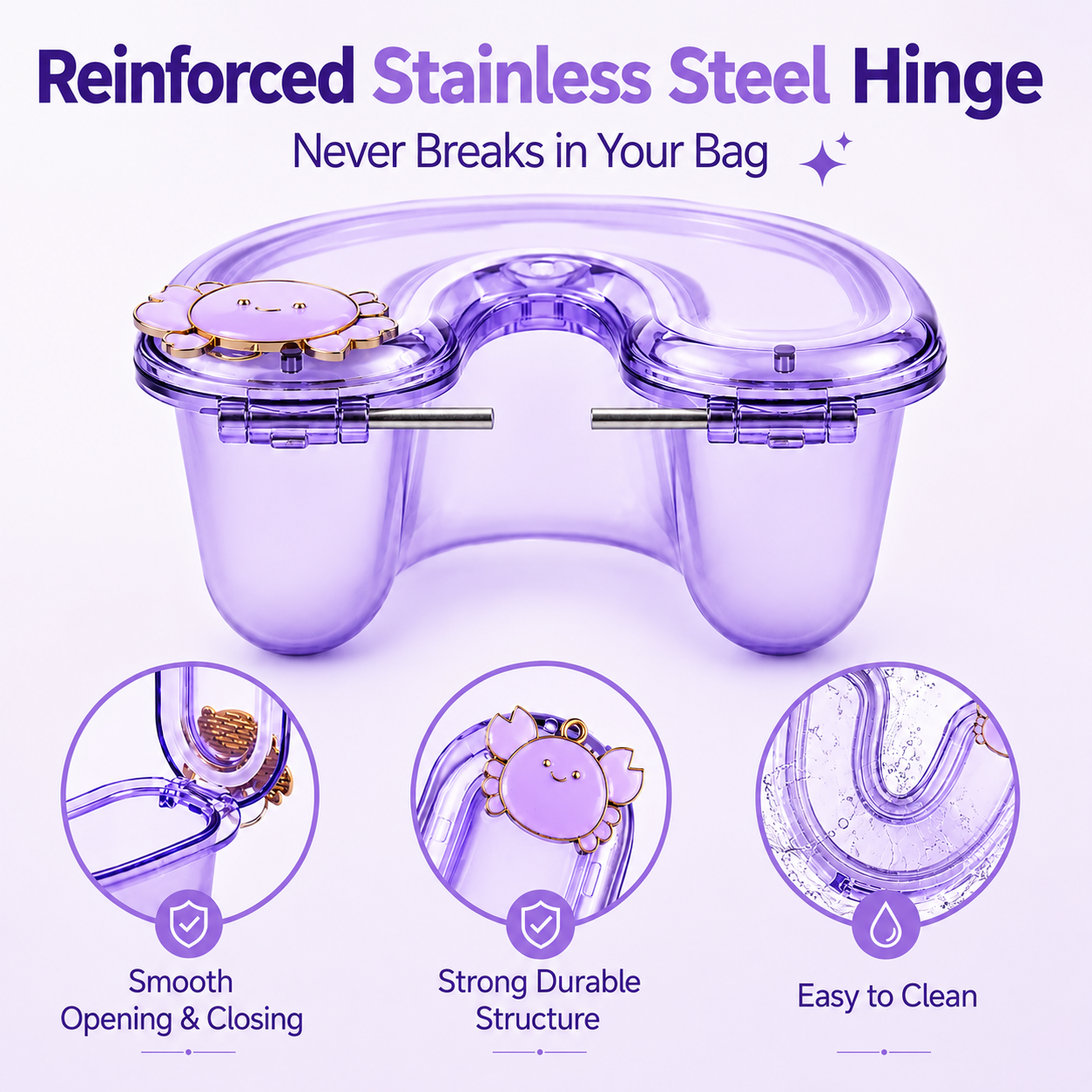 Reinforced stainless steel hinge on purple retainer case
