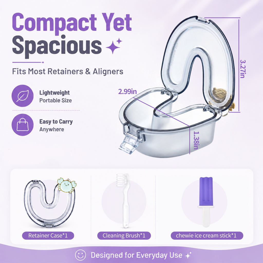 Compact retainer case dimensions with brush and chewie