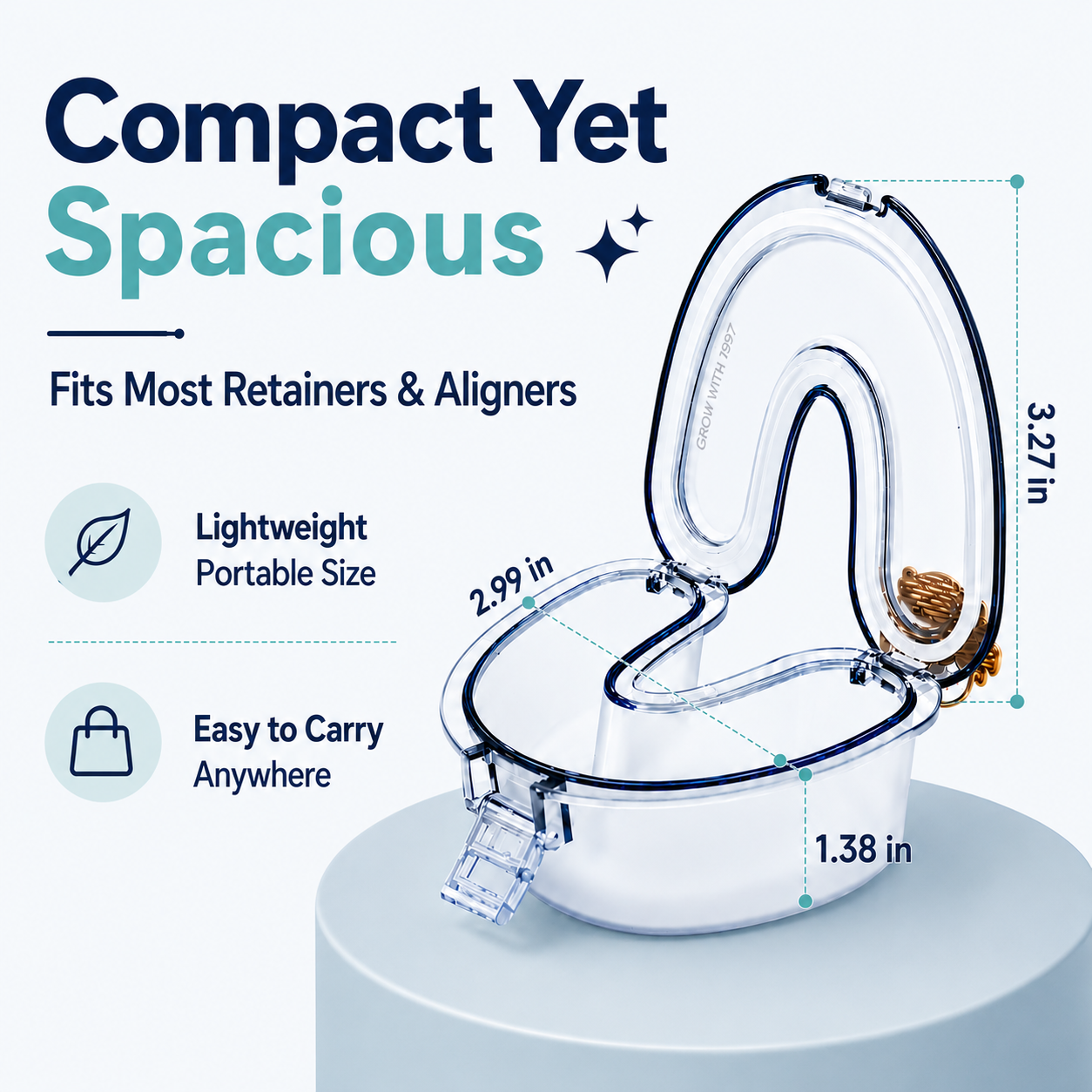 Compact smoke blue retainer case dimensions and portability