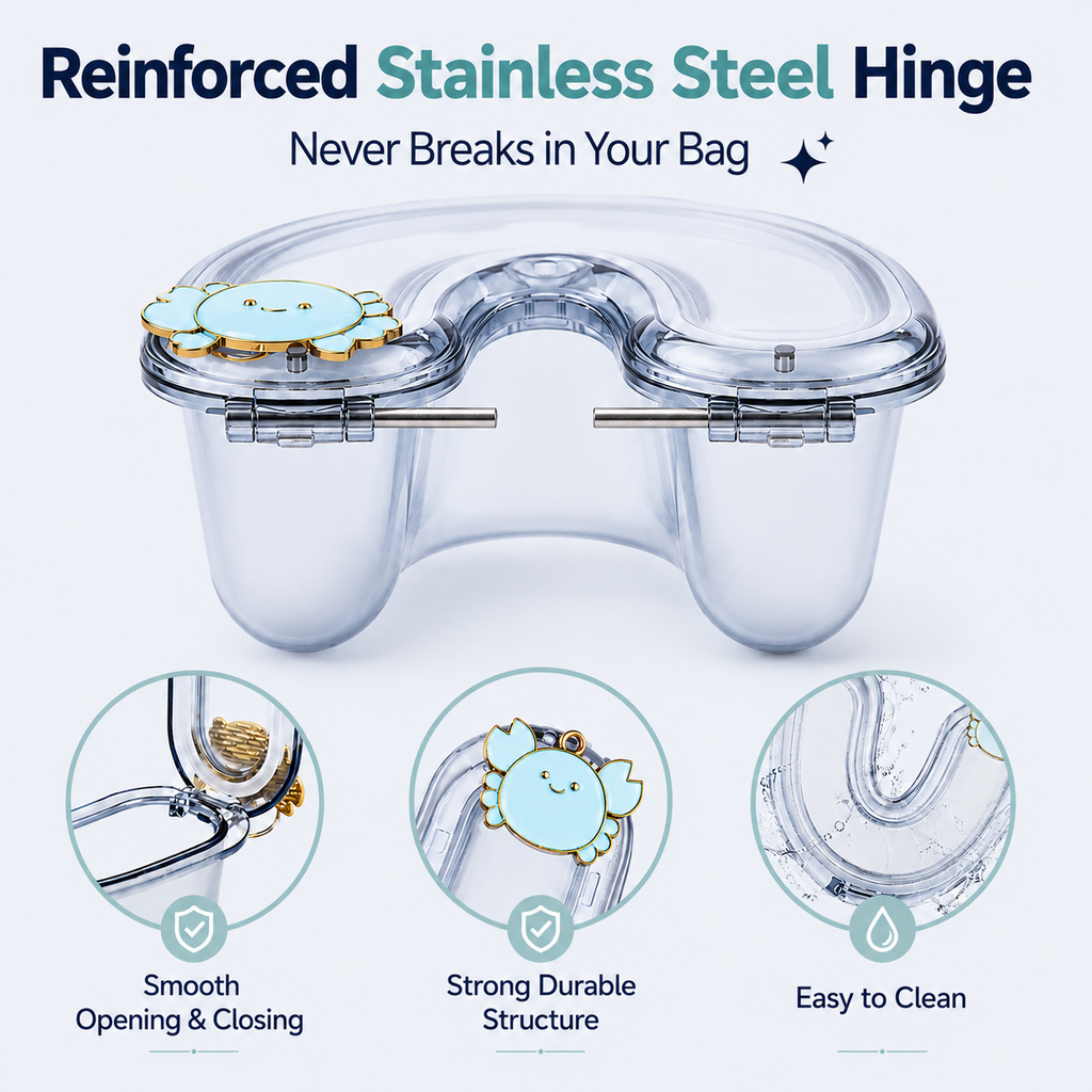 Reinforced stainless steel hinge on smoke blue retainer case