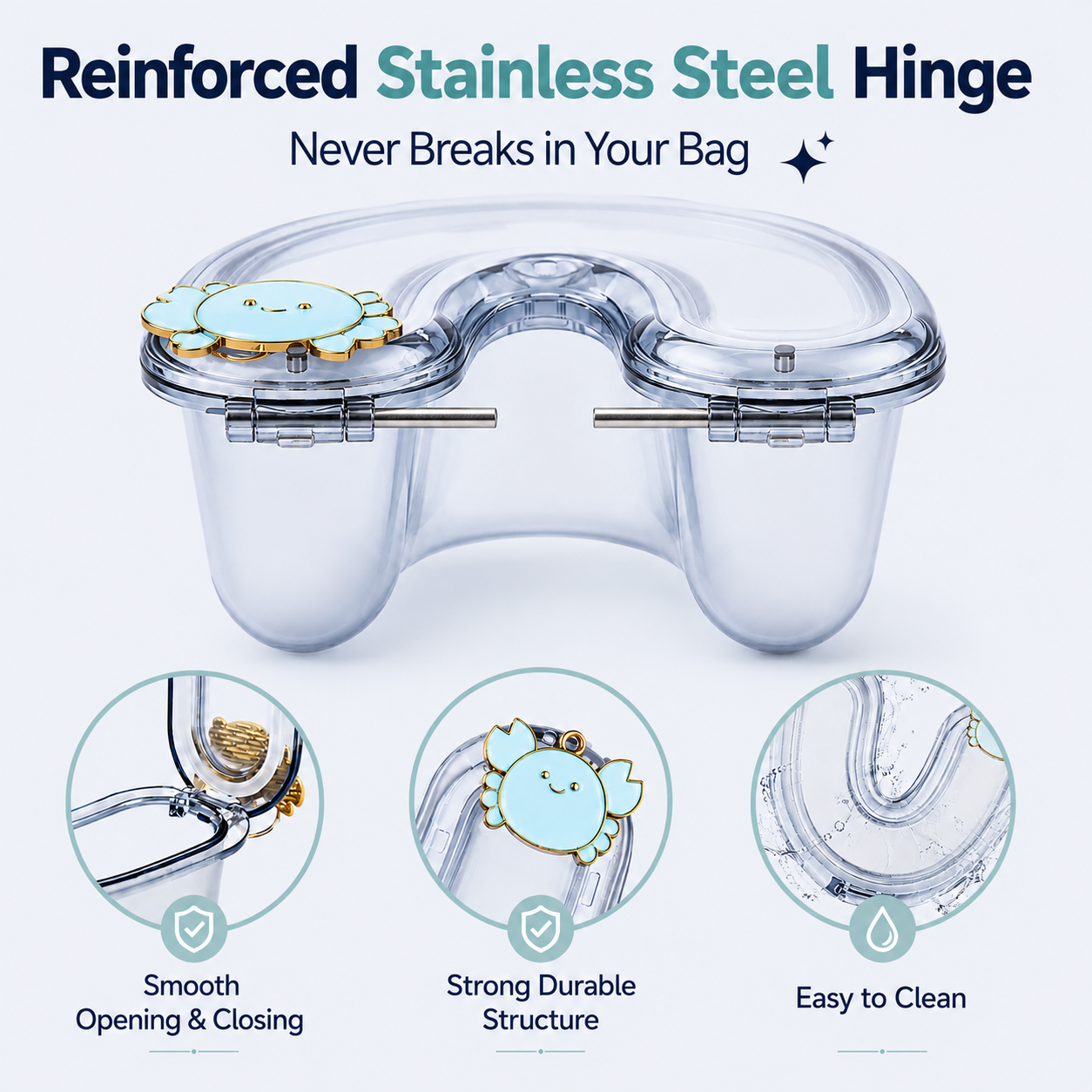 Reinforced stainless steel hinge on smoke blue retainer case