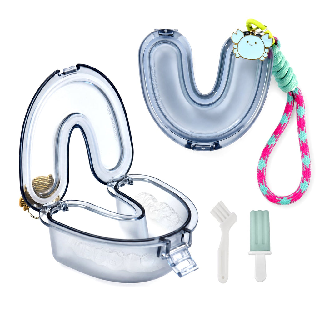 Smoke blue AISU LAB retainer case with wrist strap, brush and chewie