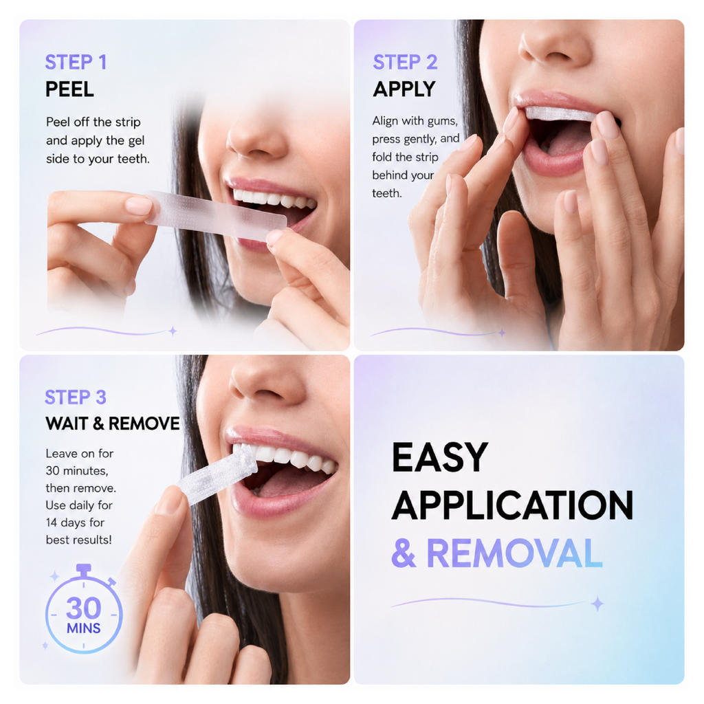 How to apply AISU LAB teeth whitening strips in three steps