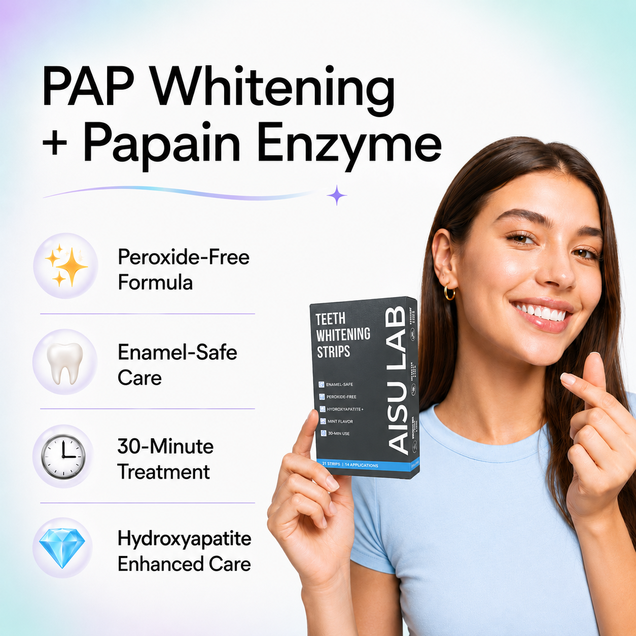 AISU LAB whitening strips peroxide-free formula and enamel-safe care benefits