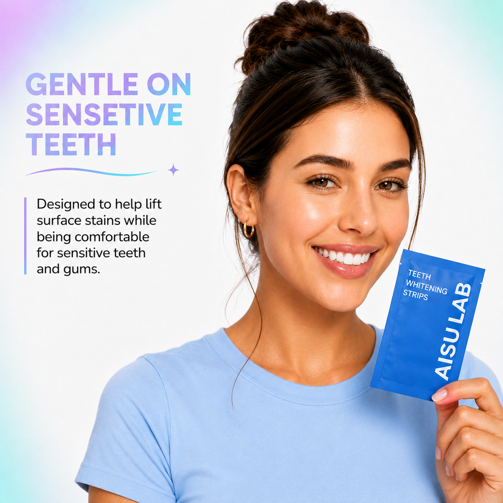 Woman holding an AISU LAB teeth whitening strips sachet