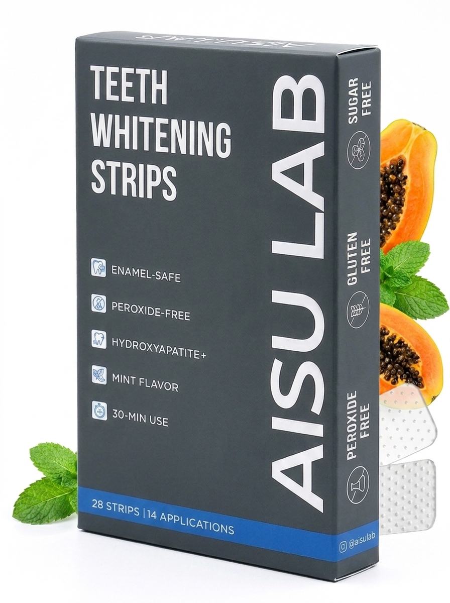 AISU LAB peroxide-free teeth whitening strips box, 28 strips for 14 applications